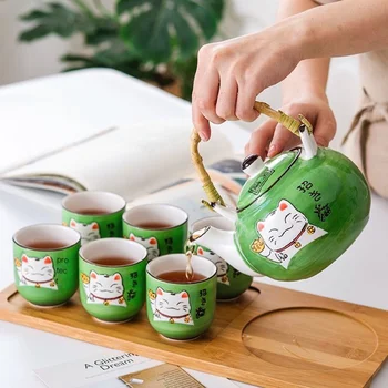 Керамический Кофейно-Чайный сервиз Lucky Cat Зеленый Чайник Японская Кружка Деревянный Поднос с балкой Чайник Чашка Бытовые Кухонные Принадлежности Посуда для напитков