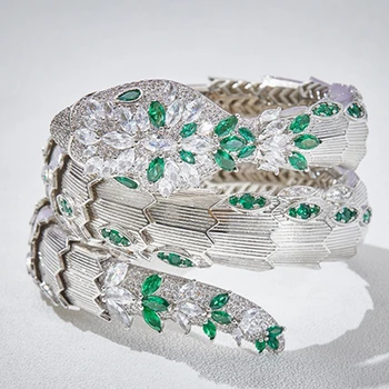 Модный Зеленый Циркон с Бриллиантами, Эластичный Обруч, браслет-манжета в форме змеи, Женские Роскошные Дизайнерские украшения из белого Золота